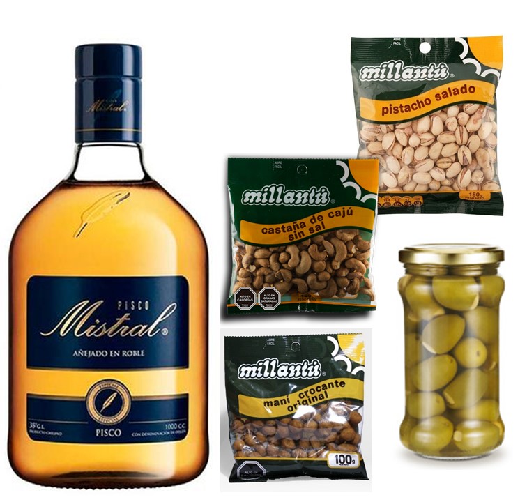 Pisco Mistral 750cc,  Mani, Pistacho, Castaas y Aceitunas